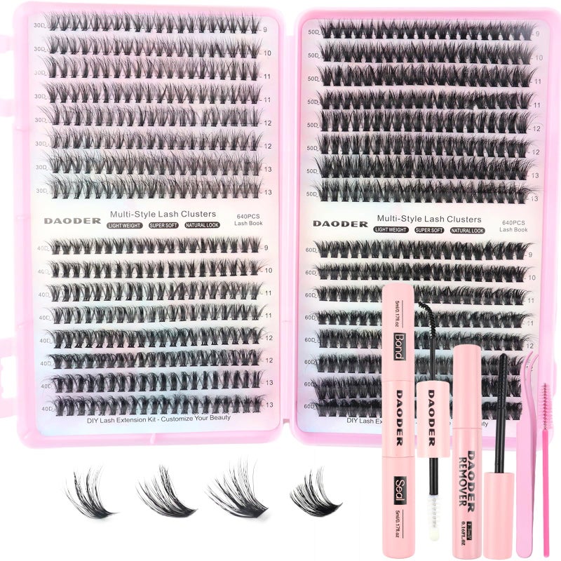 DAODER Wispy Lash Extension Kit 640Pcs Cluster Lashes Natural Look Short Lash Clusters Kit 913mm 30D 40D 50D 60D D Curl Individual Lashes Kit with Lash Bond Seal Remover30D40D50D60D Kit 913mm